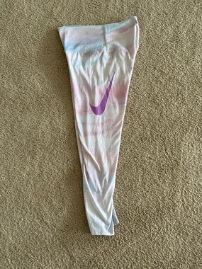 Nike Girls' Pink Tie-Dye Leggings with Purple Swoosh, Size 6, M